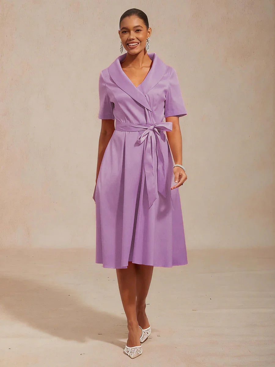 Collar Stretch Taffeta Dress with Tie Waist Belt