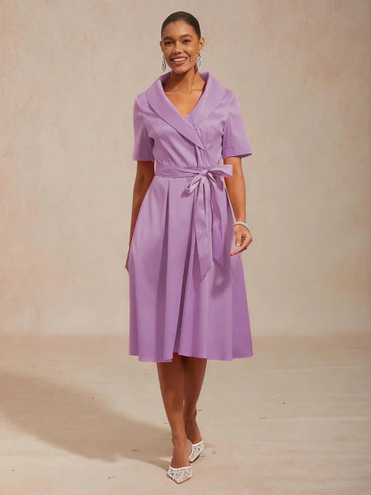 Collar Stretch Taffeta Dress with Tie Waist Belt