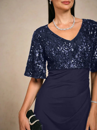 Vestido línea A con encaje roseta y adornos de lentejuelas