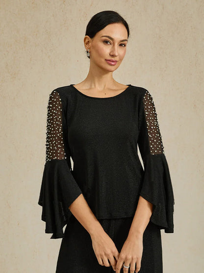 Beaded Illusion Metallic Knit Blouse