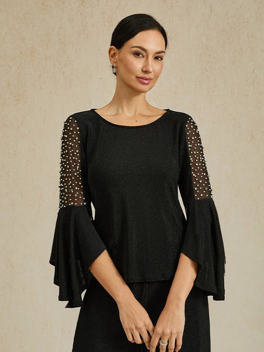 Beaded Illusion Metallic Knit Blouse