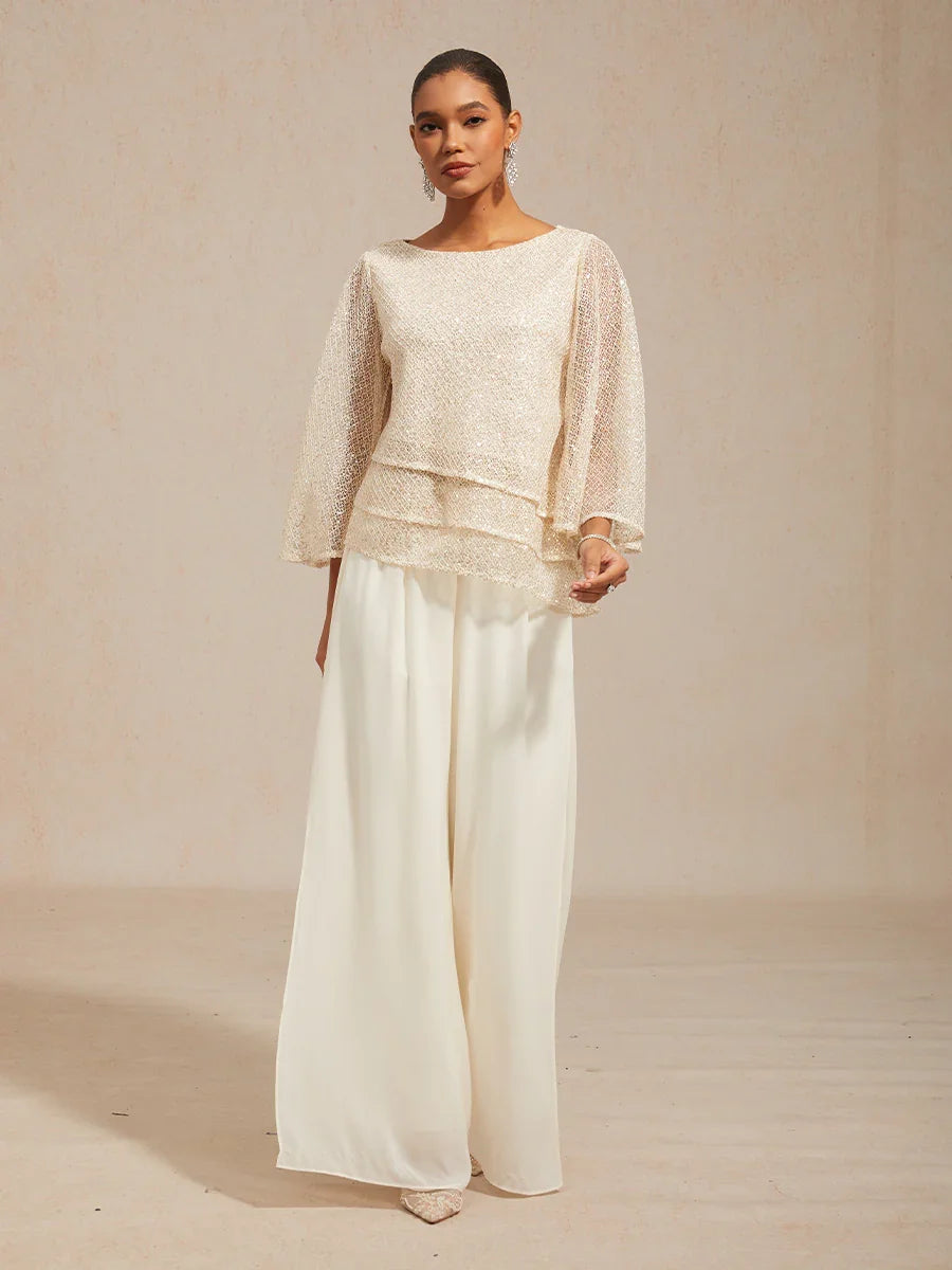 Bell Sleeves Mesh Sequin Layered Top