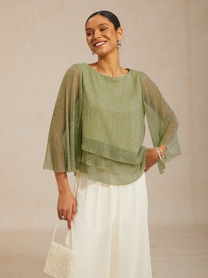 Metallic Pleated Chiffon Asymmetrical Layered Blouse