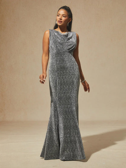 High-Stretch Velvet Sleeveless Midi Dress with Cowl Neck