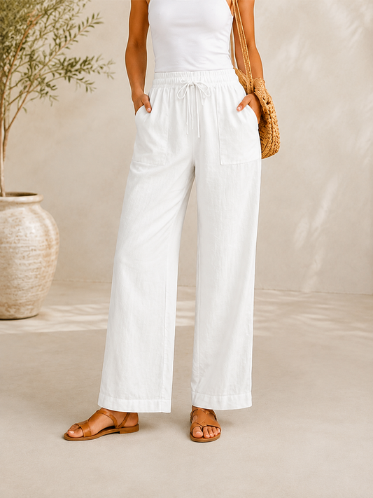 Cotton Linen Drawstring Straight-Leg Pants