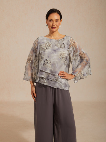 Lace Chiffon Layered Blouse with Floral Print