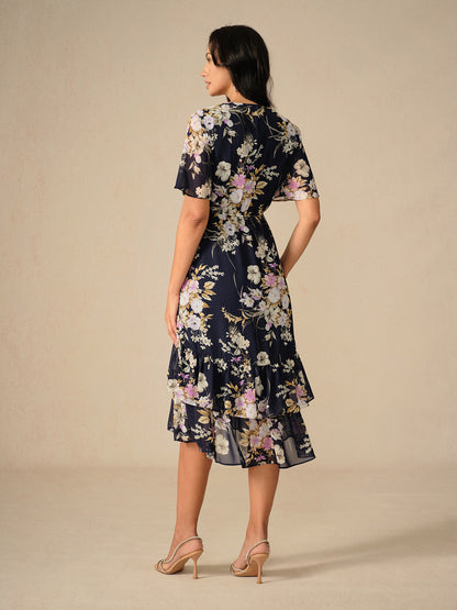 Floral Chiffon V Neck Ruffle Midi Dress