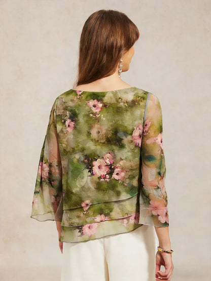 Lace Chiffon Layered Blouse with Floral Print