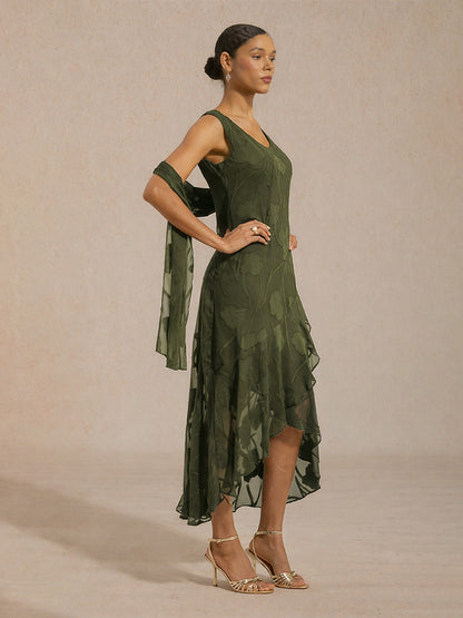 Floral Chiffon Evening Dress with Shawl