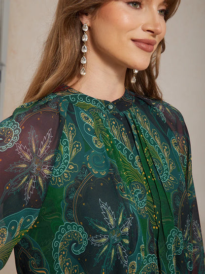 Paisley Chiffon Peasant Blouse with Long Lantern Sleeves