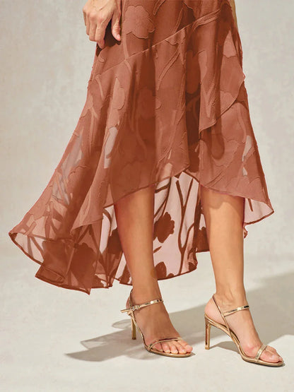 Floral Chiffon Evening Gown with Asymmetrical Hem