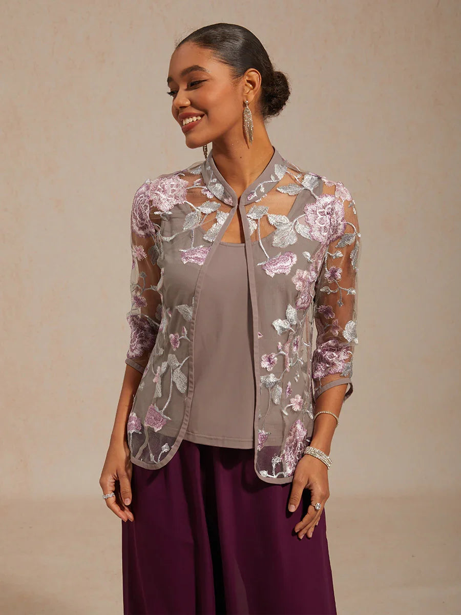 Floral Embroidered Mandarin Collar Twinset