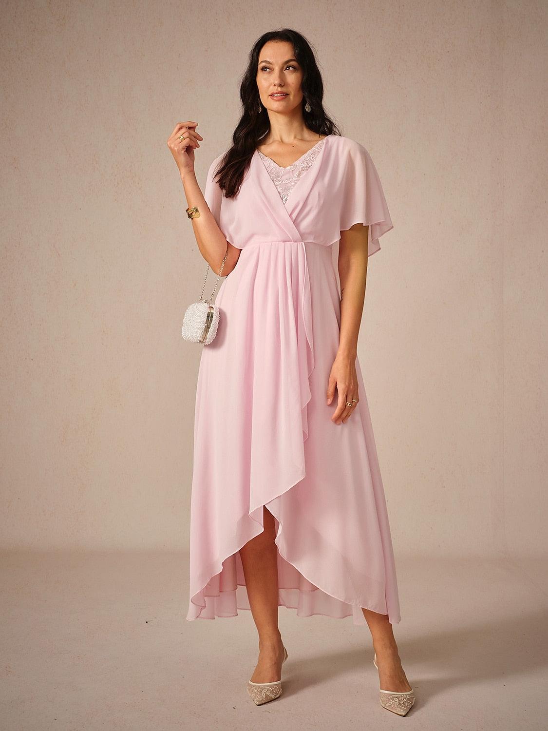 Ruched Chiffon Embroidery Lace Pink Dress-S9841068