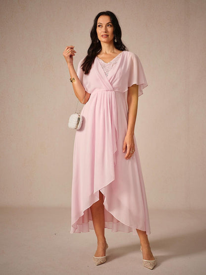 Ruched Chiffon Embroidery Lace Pink Dress-S9841068