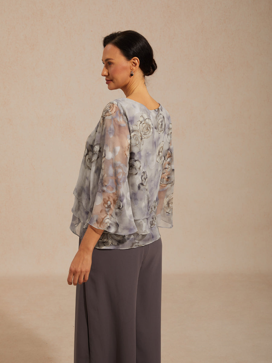 Lace Chiffon Layered Blouse with Floral Print