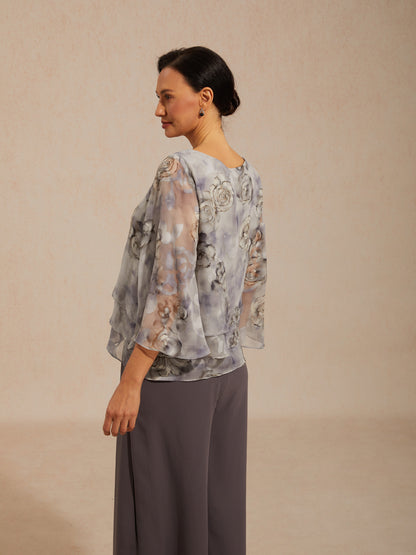 Lace Chiffon Layered Blouse with Floral Print