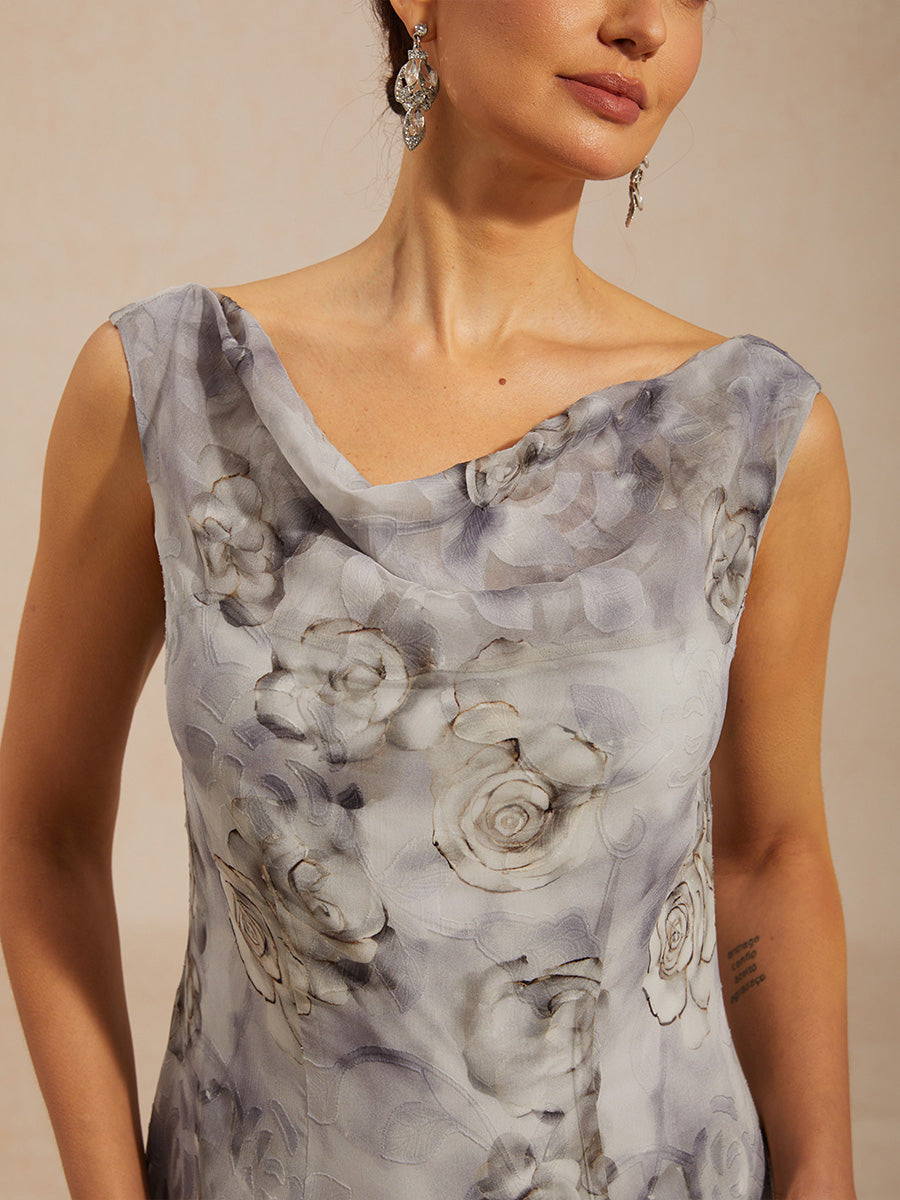 花卉披肩領茶長裙配荷葉邊裙擺