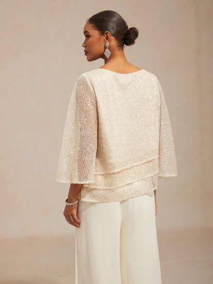 Bell Sleeves Mesh Sequin Layered Top