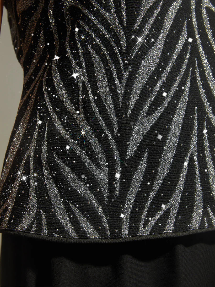 Elegant Mandarin Collar Twinset with Rhinestone-Embellished Zebra Print