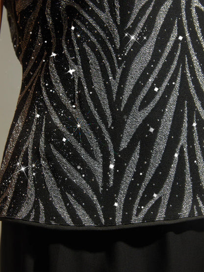 Elegant Mandarin Collar Twinset with Rhinestone-Embellished Zebra Print