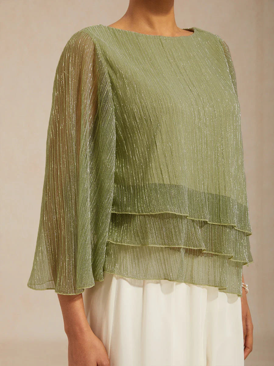 Metallic Pleated Chiffon Asymmetrical Layered Blouse