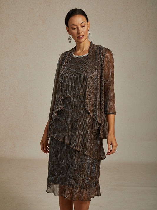 Metallic Pleated Chiffon Long Jacket with Layered Design