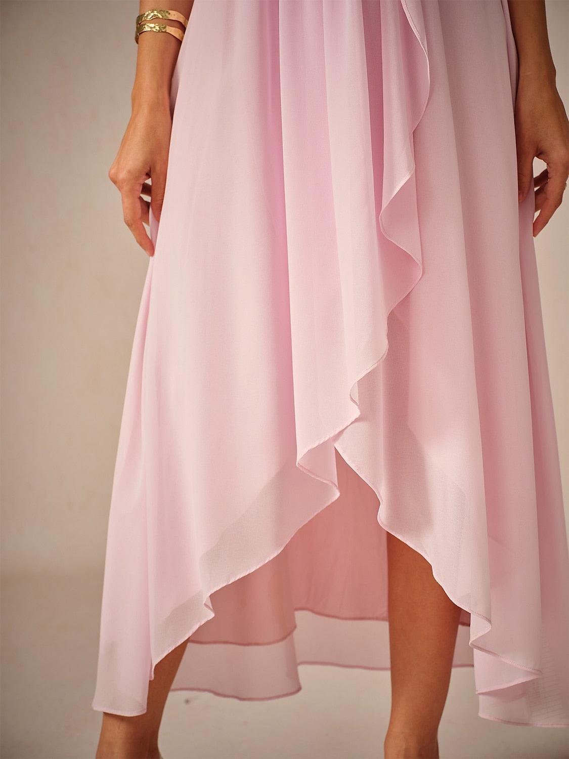 Ruched Chiffon Embroidery Lace Pink Dress-S9841068