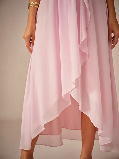Ruched Chiffon Embroidery Lace Pink Dress-S9841068