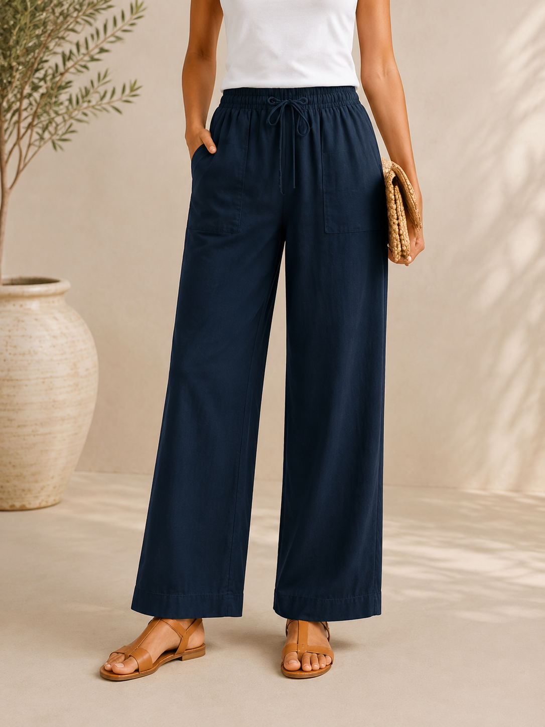Cotton Linen Drawstring Straight-Leg Pant