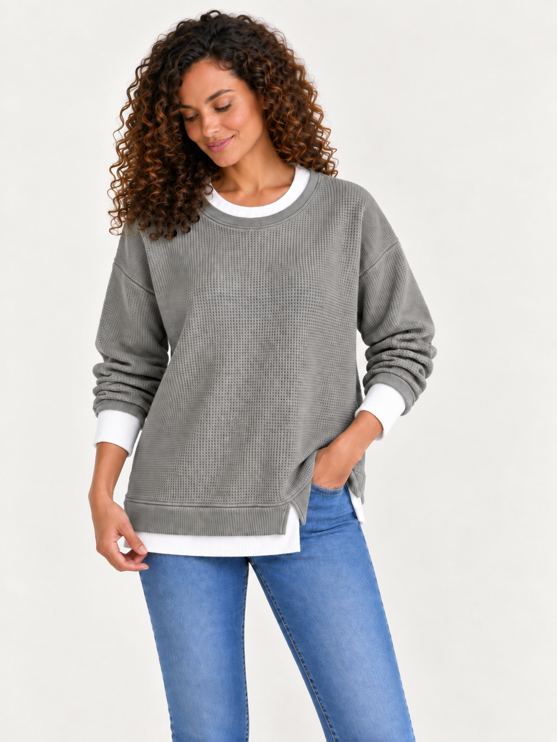 Cotton Waffle Patchwork Sweatshirt