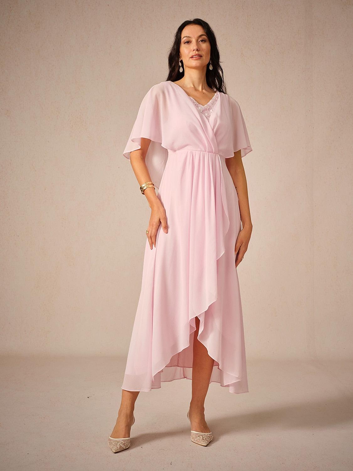 Ruched Chiffon Embroidery Lace Pink Dress-S9841068