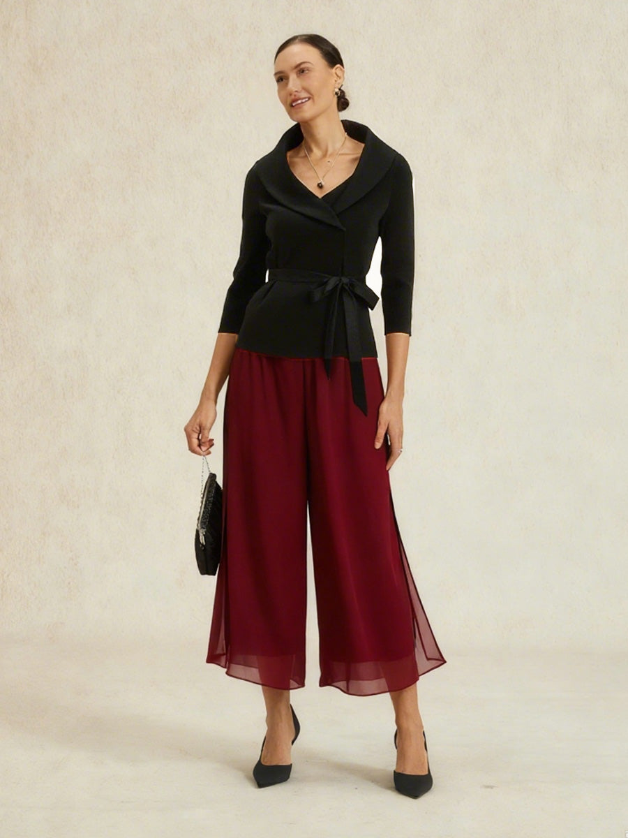 Cropped-Länge Hose mit geradem Bein und Chiffon-Überlagerung mit Beinschlitz
