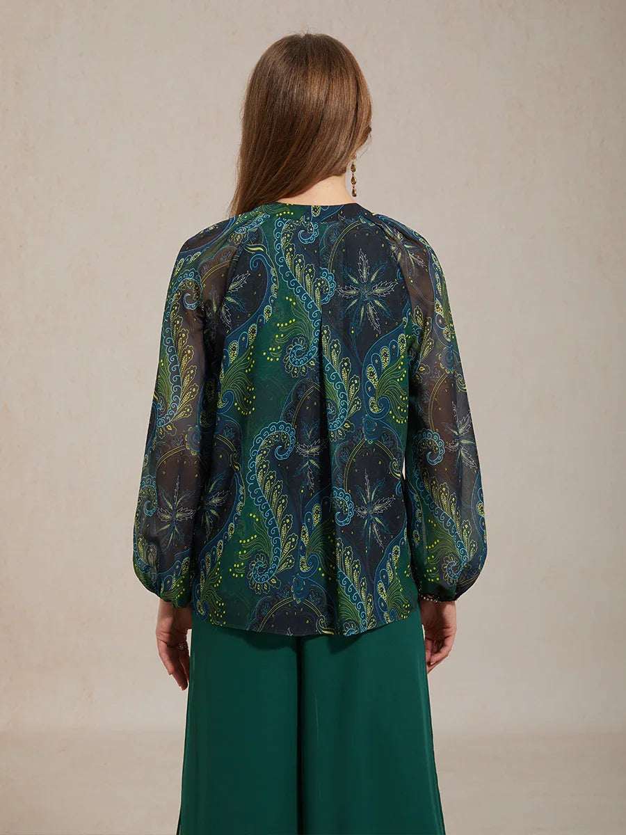 Elegante Boho Chiffon Blouse met Ruches aan de Mouwen