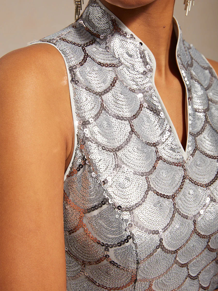 スパンコール付きノースリーブフィットマーメイドドレス