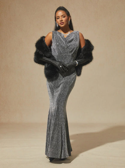 High-Stretch Velvet Sleeveless Midi Dress with Cowl Neck