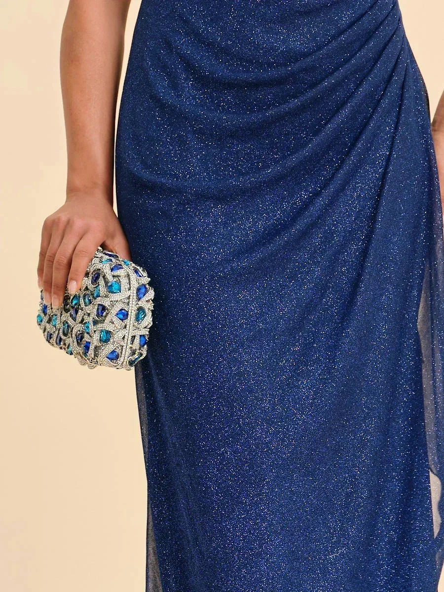 Ankle-Length Cold Shoulder Glitter Mesh Dress