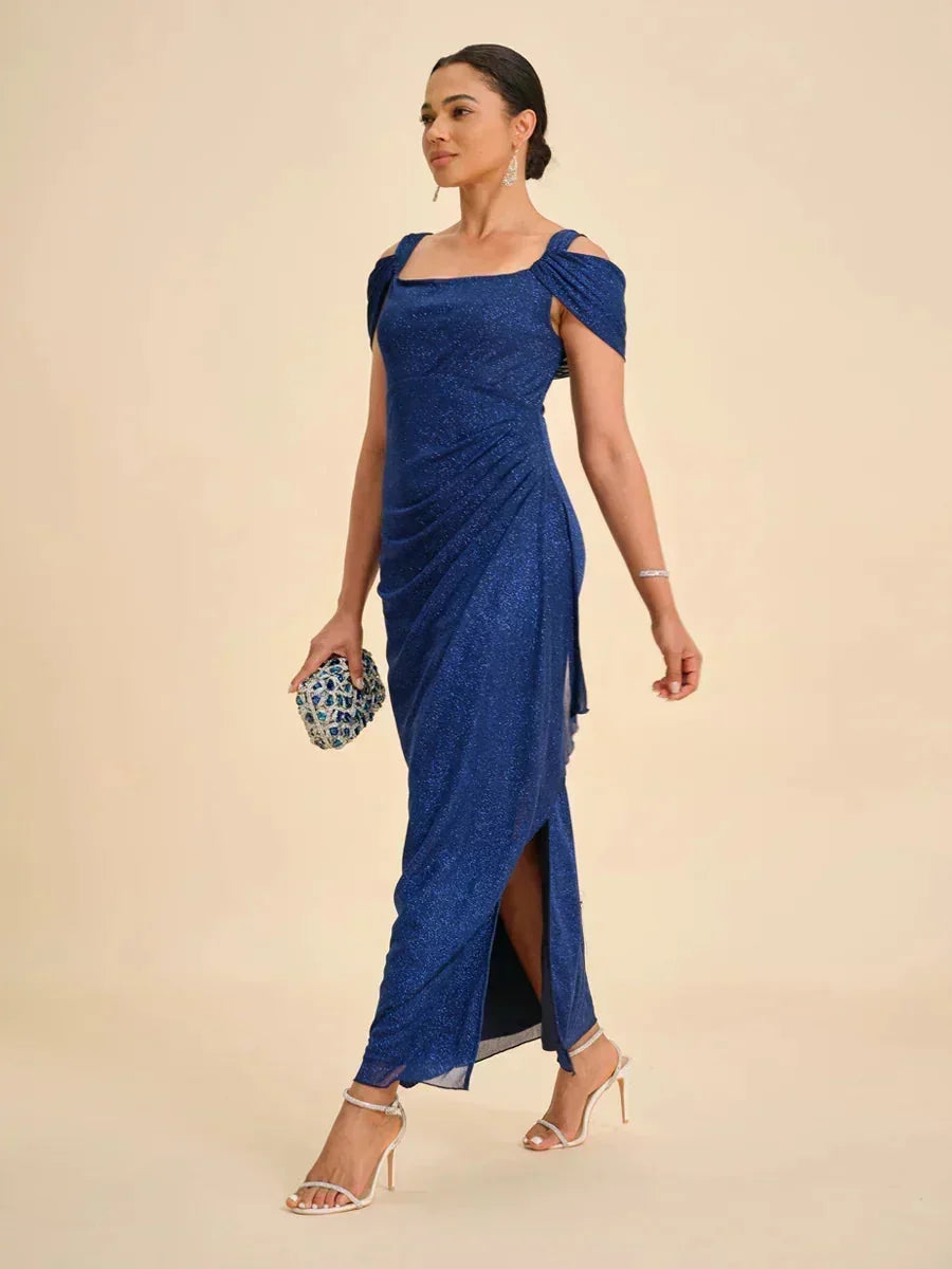 踝長露肩亮片網紗洋裝