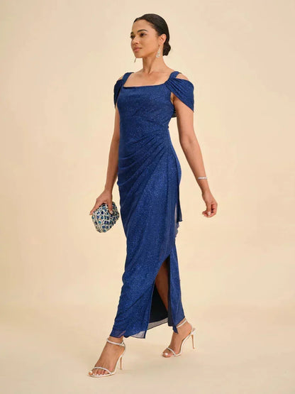 Ankle-Length Cold Shoulder Glitter Mesh Dress