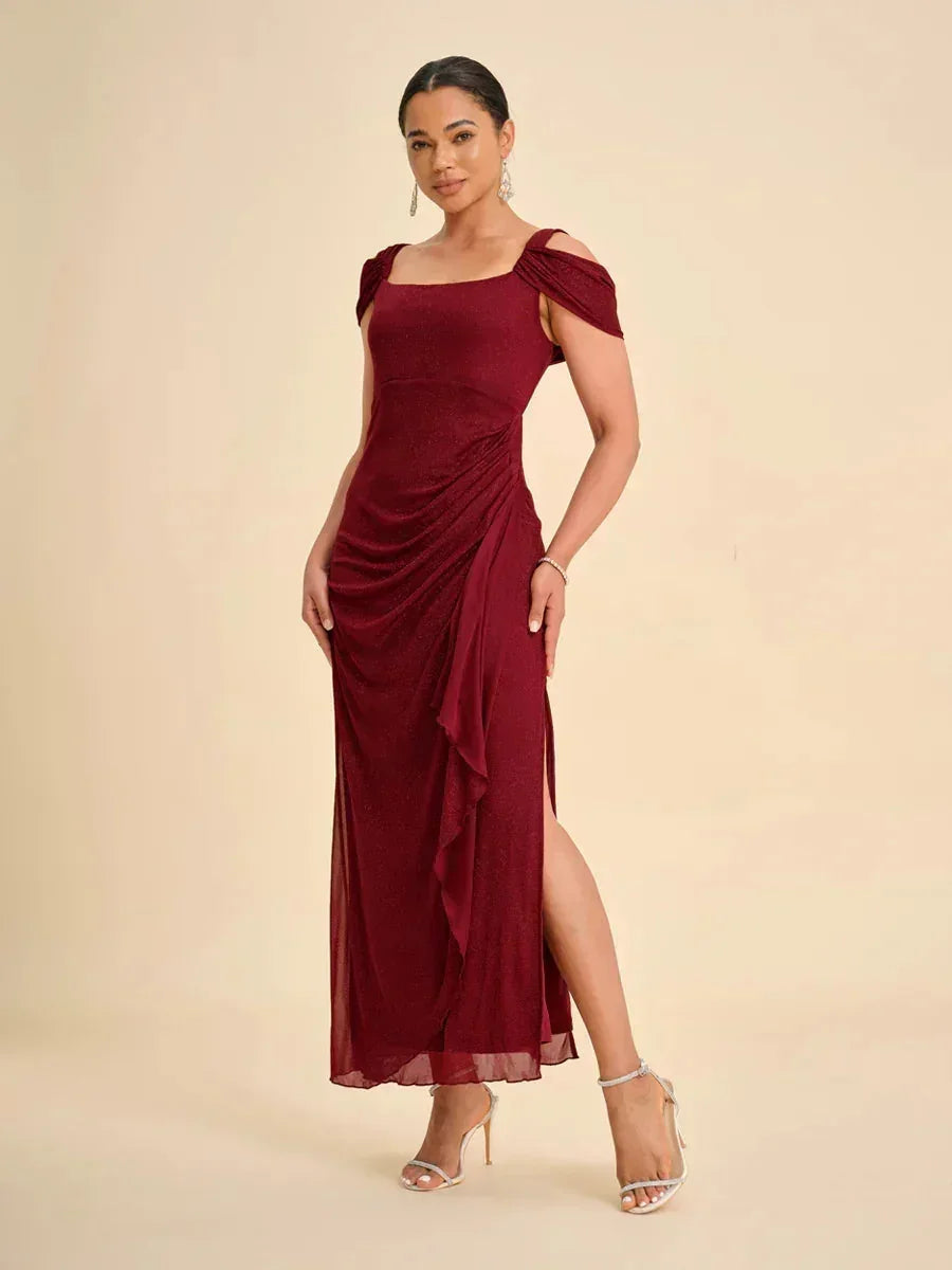 Ankle-Length Cold Shoulder Glitter Mesh Dress