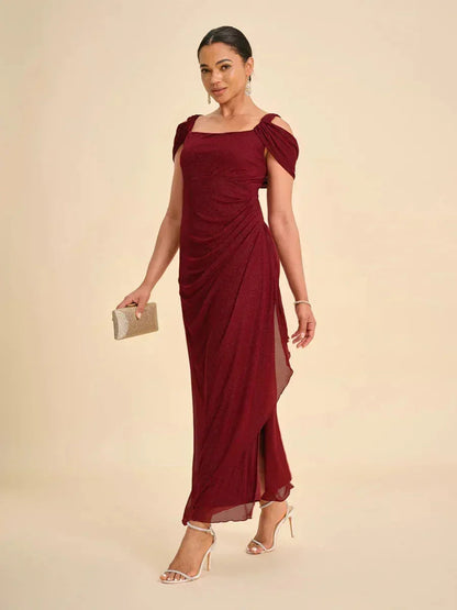 Ankle-Length Cold Shoulder Glitter Mesh Dress