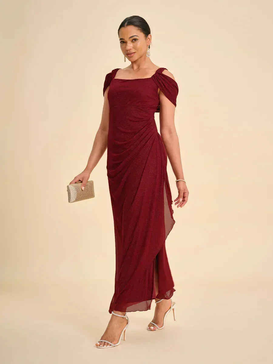 踝長露肩亮片網紗洋裝