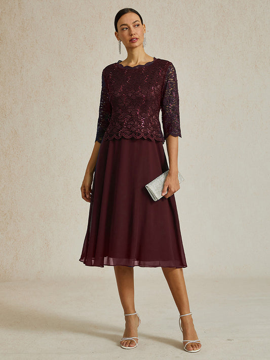 Elegantes Spitzen- und Chiffonkleid in Tea-Länge