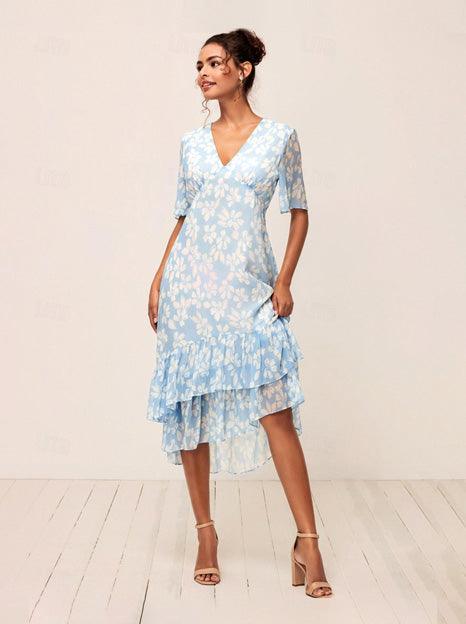 Layered Floral Ruffle Chiffon Dress
