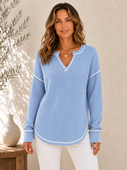 Cotton Waffle V-Neck Blouse
