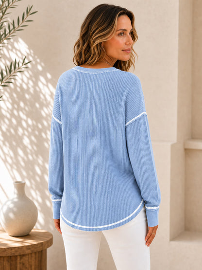 Cotton Waffle V-Neck Blouse