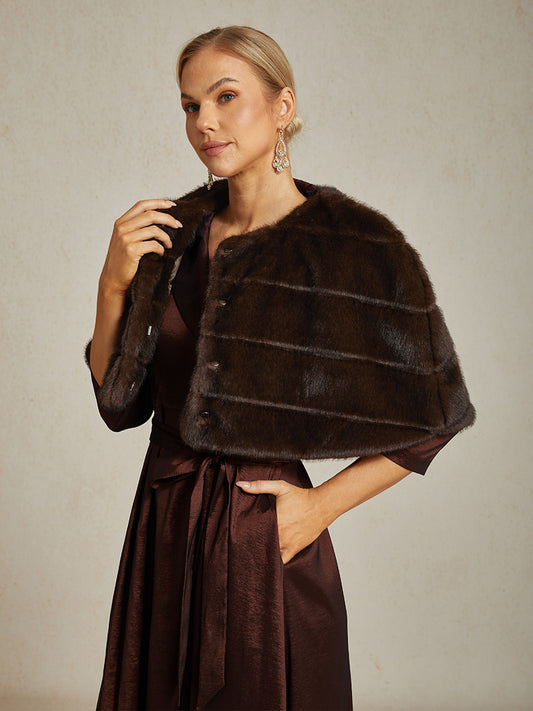 Brown Faux Fur Capelet with Rhinestone Hook-and-Eye Closure