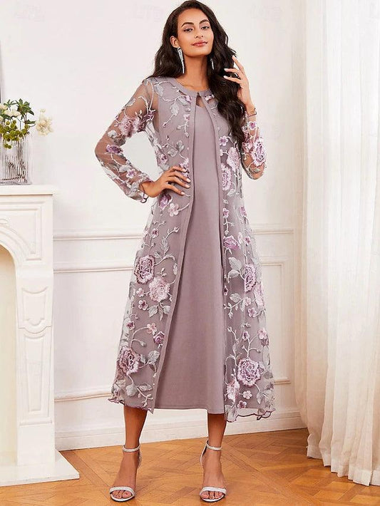 Chiffon Mesh Lace Embroidered Ruffle Floral Two Piece Dress