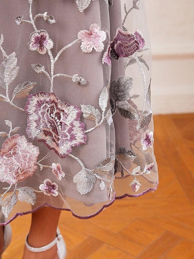 Chiffon Mesh Lace Embroidered Ruffle Floral Two Piece Dress