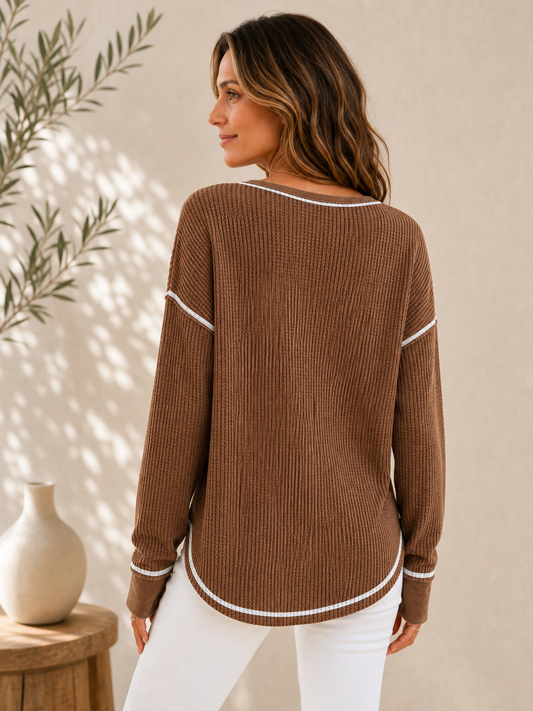 Cotton Waffle V-Neck Blouse