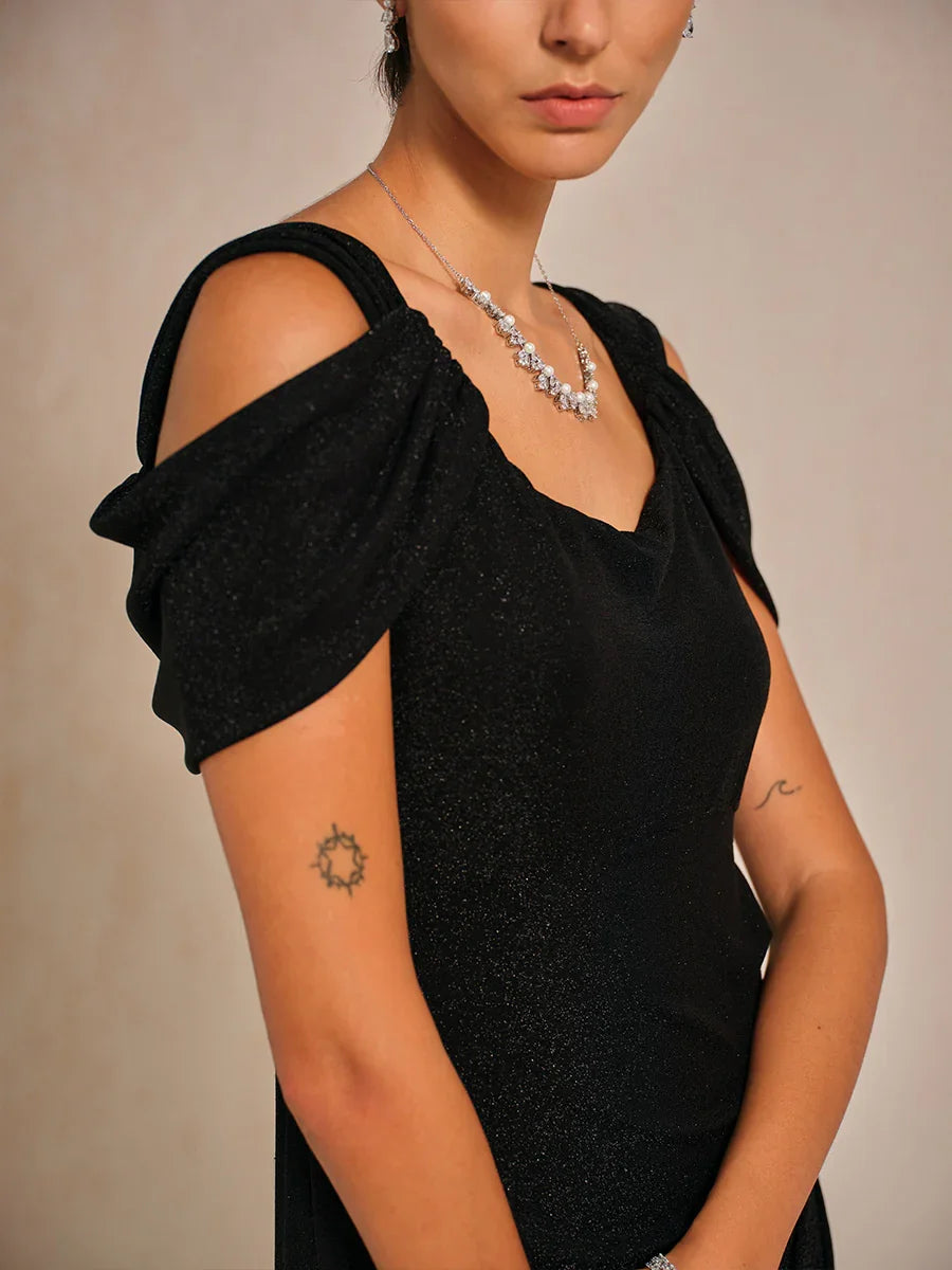 Cold Shoulder Glitter Metallic Knit Dress